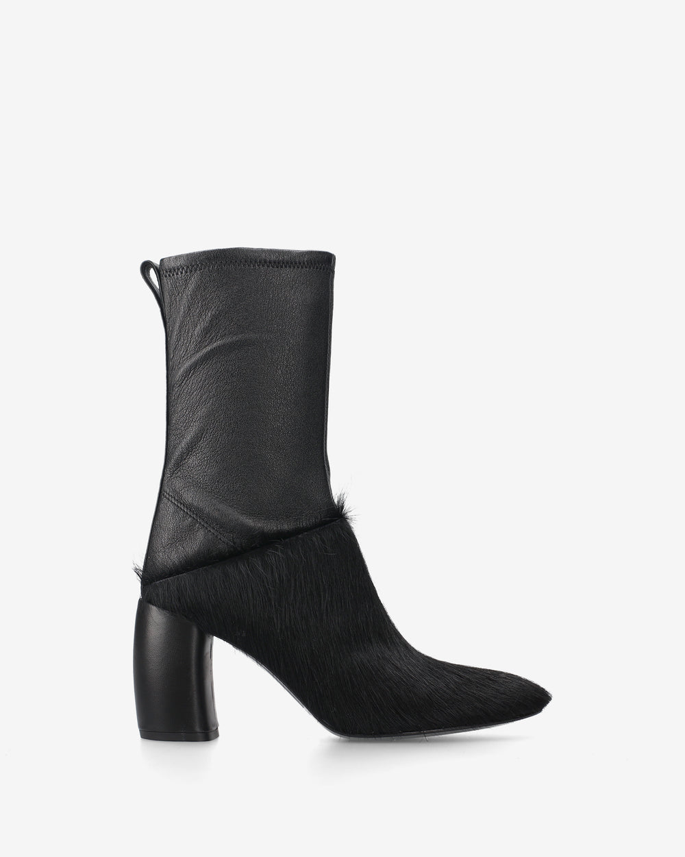 Black leather and ponyhide ankle boots
