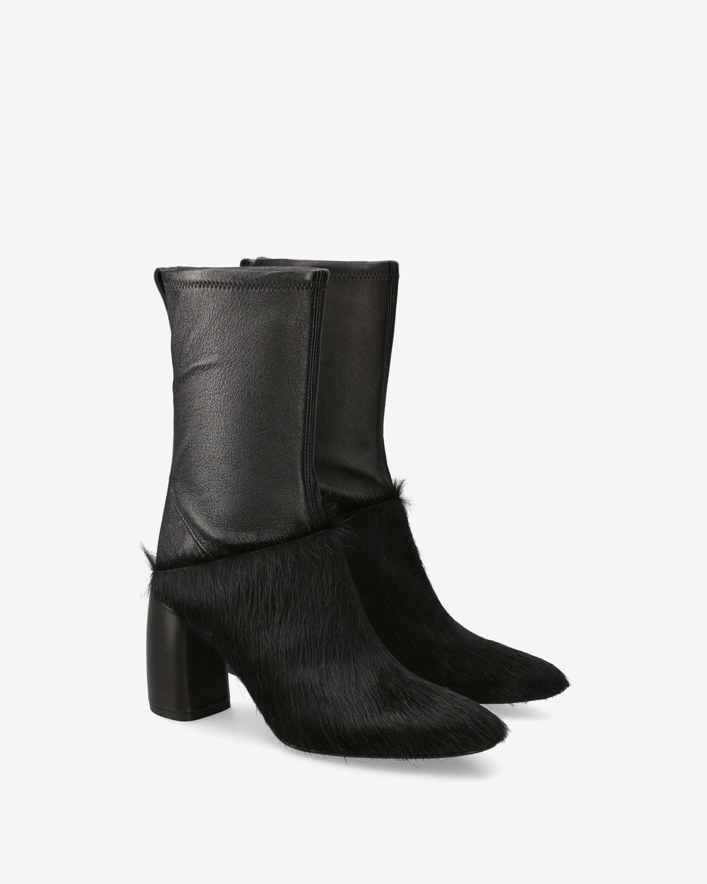 Black leather and ponyhide ankle boots
