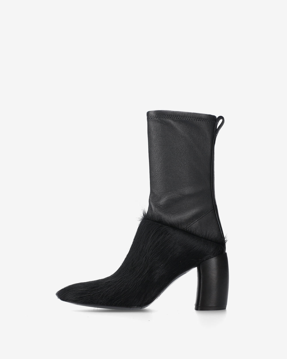 Black leather and ponyhide ankle boots