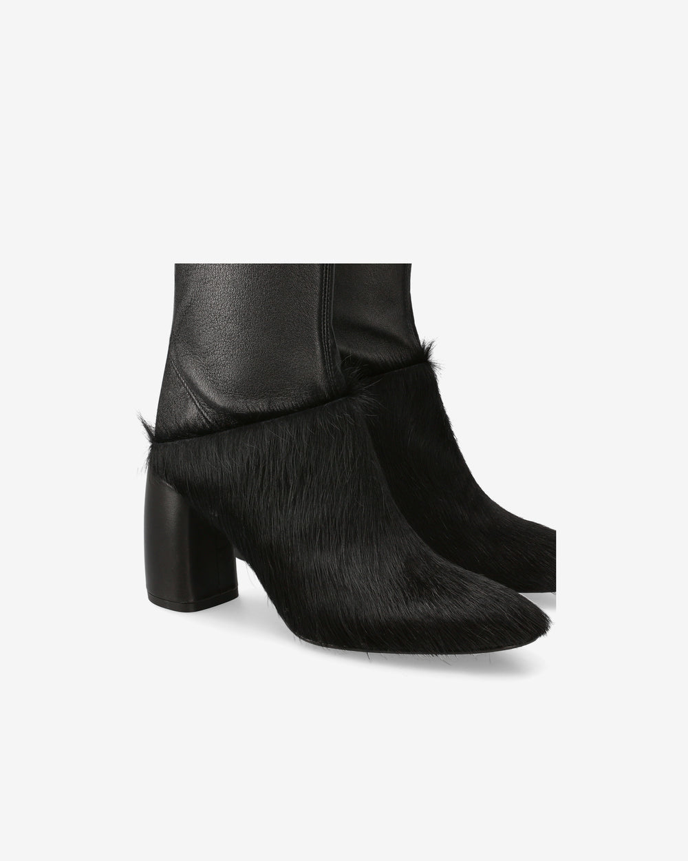 Black leather and ponyhide ankle boots